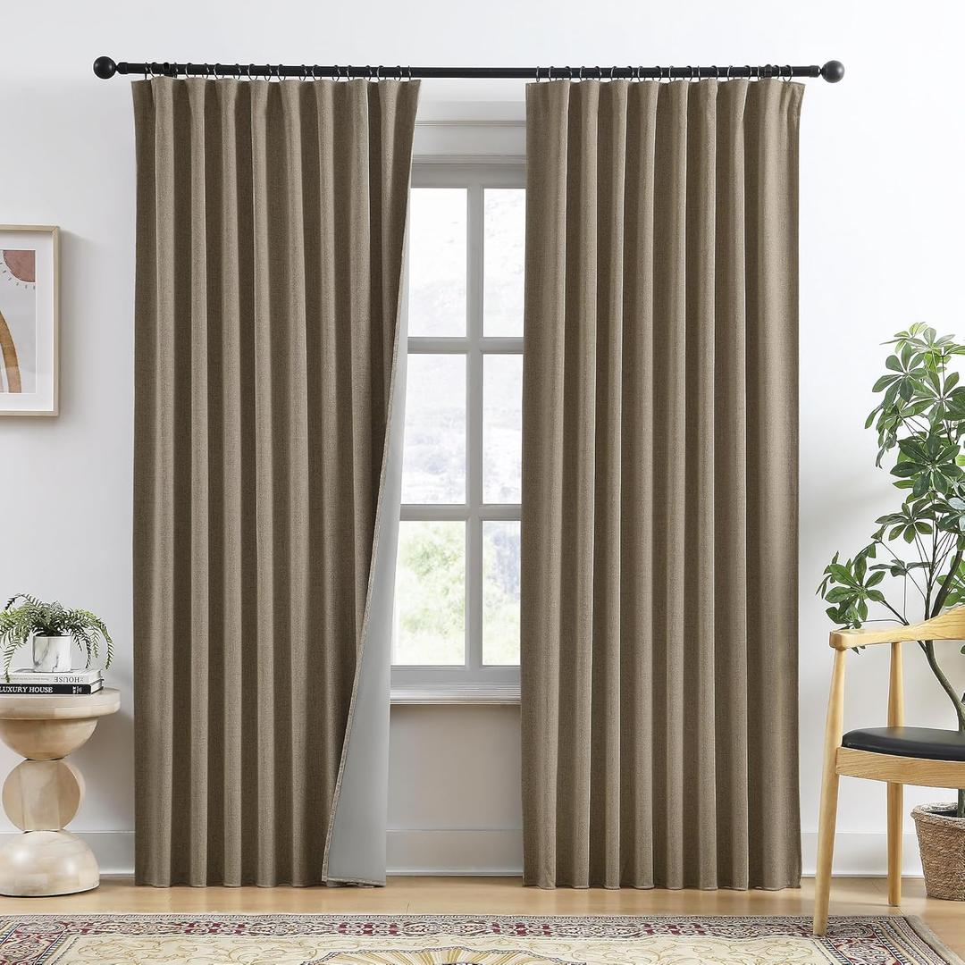 Linen Brown Room Darkening Curtains for Living Room,Pinch Pleated Back Tab Drapes with Hooks,Linen Burlap Thermal Insulated Noise Reducing Window Curtain Panels for Bedroom,W50 x L90, 2 Panels