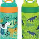 Zak Designs 16oz Riverside Kids Water Bottle with Spout Cover and Built-in Carrying Loop, Made of Durable Plastic, Leak-Proof Design for Travel (Dino Camo & Safari, Pack of 2)