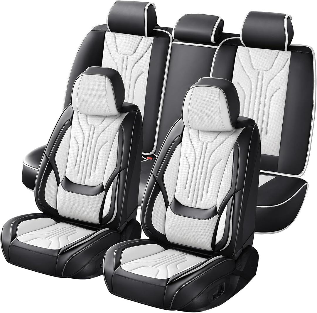 Car Seat Covers Full Set, Universal Fit Faux Leather Cushion Protector, Waterproof Non-Slip Automotive Interior Accessories for Sedans, SUVs, Trucks (Black&White) (Fullset)