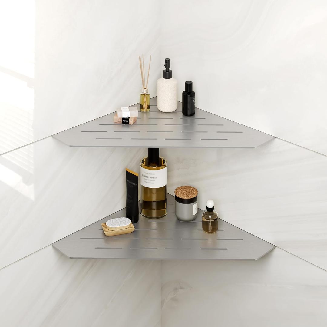 FerdY 2-Pack 10" Brushed Nickel Recessed Corner Shower Shelf, for Tiled Bathroom Walls, 304 Stainless Steel Floating Shelf, Shower Caddy Storage Shelves, No Drilling Required, Striped Diamond
