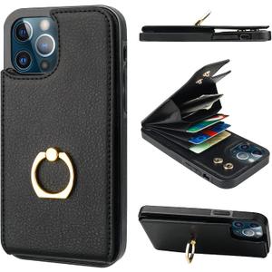 Folosu Compatible with iPhone 12/12 Pro Case Wallet with Card Holder, 360Rotation Finger Ring Holder Kickstand Protective RFID Blocking PU Leather Double Buttons Flip Cover 6.1 Inch Black