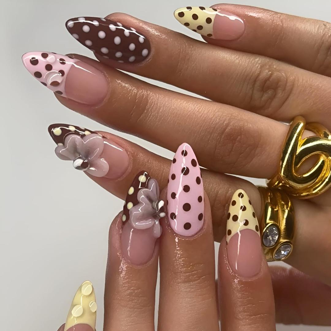 2 x Polka Dot Press on Nails Medium Almond Fake Nails French Tip False Nails 3D Flower Nails Press Ons Glossy Full Cover Stick on Nail with Rhinestones Design Colorful Glue on Nail for Women 24Pcs