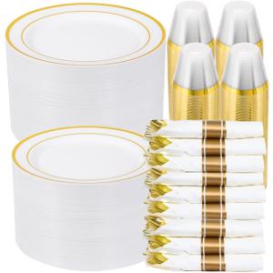 700 PCS Gold Plastic Dinnerware Set for 100 Guests, 200 DisposablePlates for Party, 100 Pre Rolled Napkins with Gold Silverware, 100 Cups
