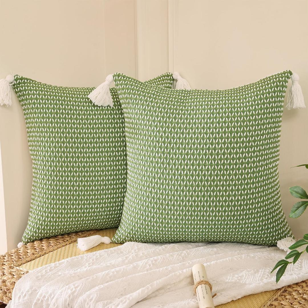 Tosleo Boho Spring Decorative Throw Pillow Covers 20 x 20 Set of 2 Farmhouse Cute Stripe Pillowcase with Tassels Minimalist Neutral Green Woven Square Cushion Case for Sofa Couch Bedroom Living Room