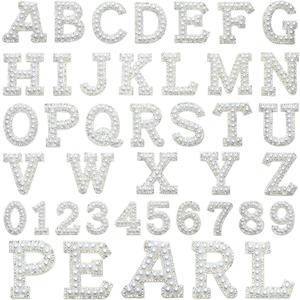 36 Pieces Iron on Letter A-Z 0-9 White Pearl Rhinestone Chenille Letter Patches Iron on Glitter Alphabet Number Bling Patches Decorative Repair Patches for Fabric Shirts Crafts Clothing DIY Decor