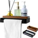 MyGift Modern Matte Black Wall Mounted Towel Rack with Acacia Wood Shelf  Metal Bathroom Storage Organizer for Towels and Dcor