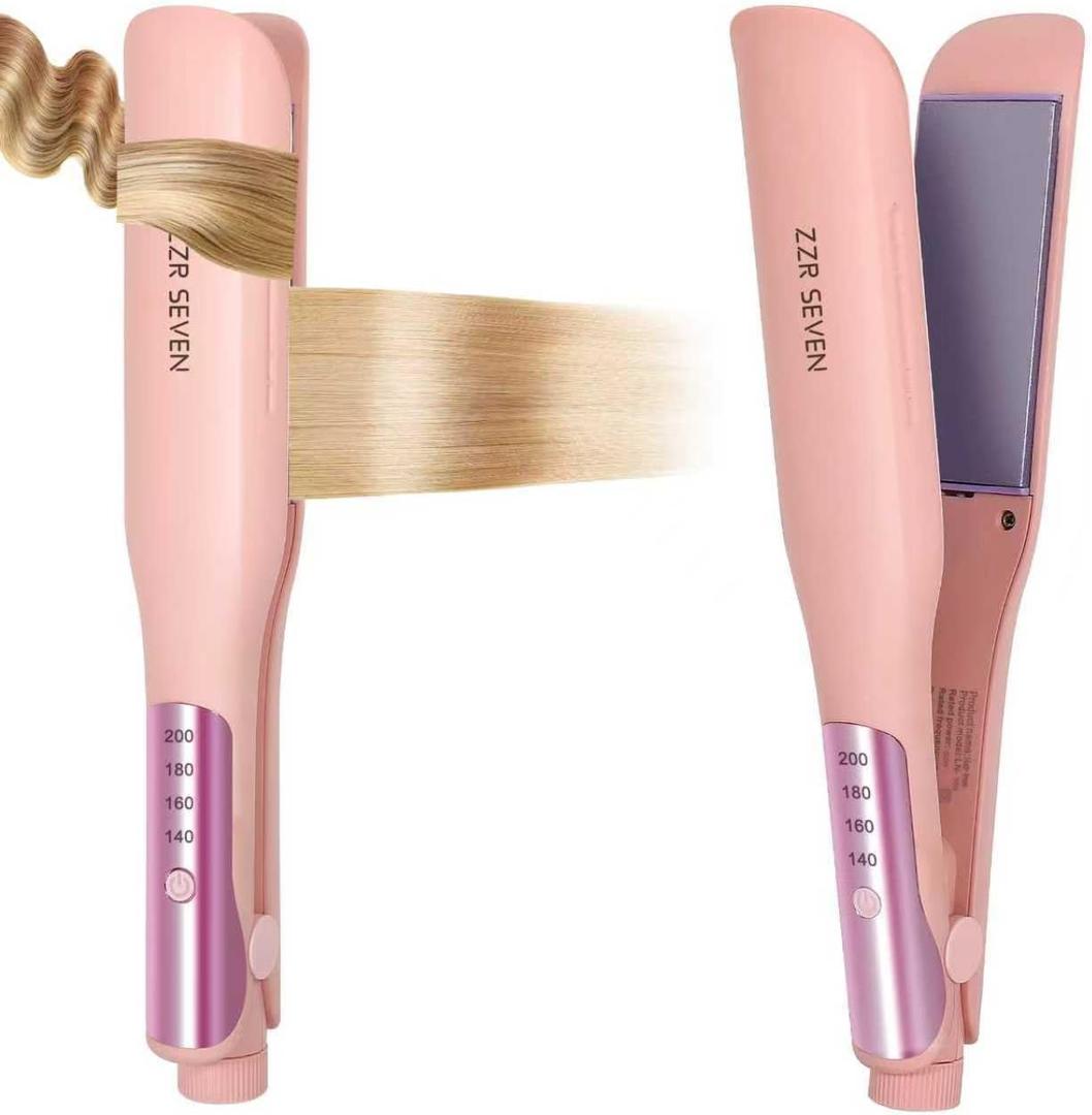 Hair Straightener, 1.25 Flat Iron and Curler 2 in 1, Ceramic Coating, Quick Heat Up, 4 Temp. Options, for All Hair Type, Less Frizz, Shinier and Smoother, Dual Voltage for Travel (Pink)