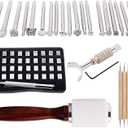 KLLsmDesign 65 Pcs Leather Sculpture Stamping Tools Kit Included Pattern Alphabet Digital Leather Stamp Punch Set,Dotting Tools,Leather Swivel Knife,Leather Roller for Saddle Making,DIY Leather Craft