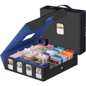 3200+ Trading Card Storage Box with Commander Display, 4-Row TCG Card Box with Portable Handle, Compatible for TCG/MTG/Magic Cards, 30 Colorful Divider, 8 Supporters, US Design Patent (Black&Blue)