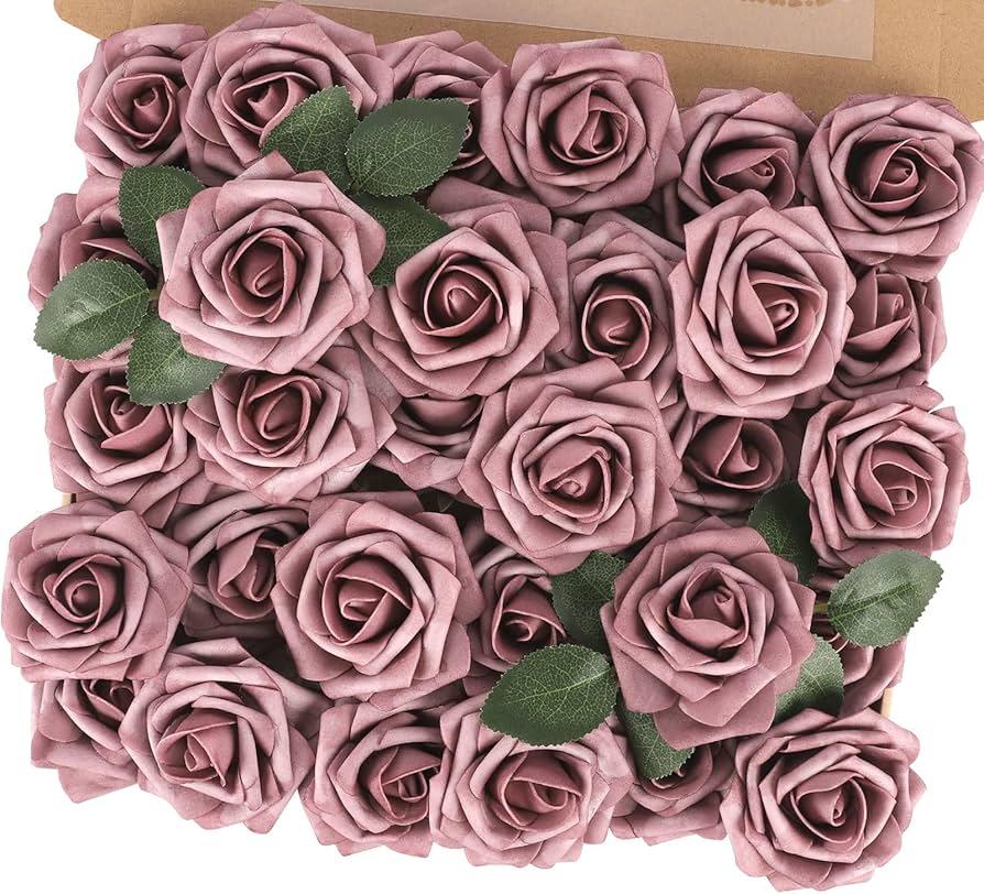 MACTING 30PCS Artificial Rose Flowers Fake Flowers with Stem Real Touch Foam Roses for DIY Wedding Bouquet Table Centerpieces Party Bridal Shower Spring Home Mothers Day Decorations(Pink and Burgundy)