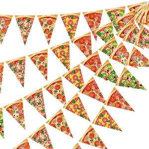HESTYA 5 Pcs 49 Ft Pizza Party Decorations Pennant Banner Pre-Assembled Pizza Triangle Flag Bunting Garland for Themed Birthday Bachelorette Party Supplies Fast Food Theme Decorations