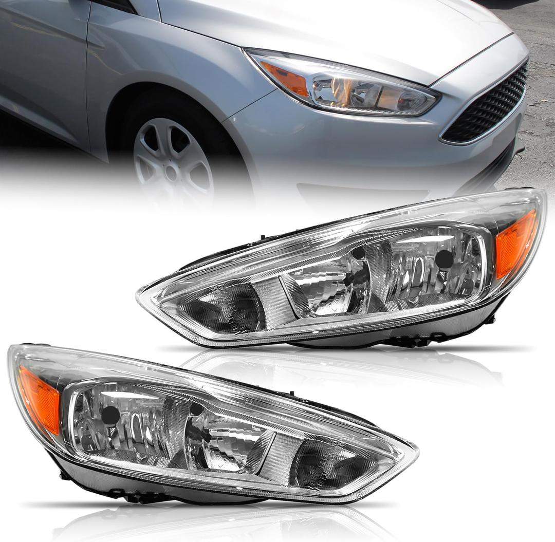 Halogen Headlights Assembly Fit for Ford Focus S/SE/ST 2015-2018,Headlamps Chrome Housing Amber Reflector Driver and Passenger Side