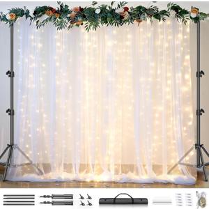 Background Stand Kit, 10x10 FT White Tulle Backdrop Curtain with Lights String & 8.5X10 FT Backdrop Stand, Background Support Kit for Wedding Birthday Party Baby Shower Photo Backdrop Decorations
