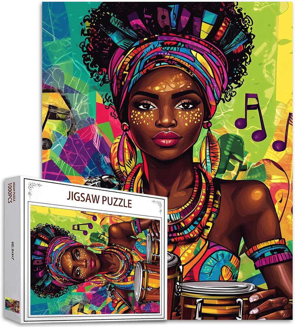 1000 Piece Jigsaw Puzzles for Adults African American Painting Jigsaw Puzzle African Women Black Girl 1000 Pieces Puzzles Game Woman Playing Music Equipment Wall Decor Black History DIY Craft Puzzle (19.7''Wx27.6'H, Artwork-14)