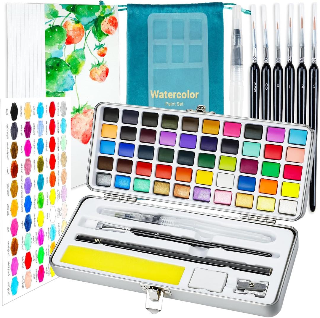 APOGO Watercolor Paint Set,50 Colors in Portable Box Travel Watercolor Set,Water Color Paint Sets,Adult and Beginner Watercolor Painting Kits with Watercolor Papers and Brushes Art supplies