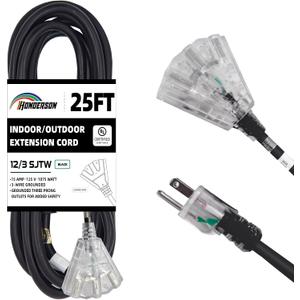 25 Ft Black 3 Outlet Outdoor Extension Cord with Lighted End 12 Gauge