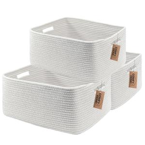 COMFY-HOMI 3 pcs Large Storage Baskets for Shelves, Laundry Basket, Woven Rope Basket, Closet Organizer Bins for Clothes Blanket Towels, Baby Nursery, Gift Toy Baskets, 17 x 13 x 7.5-White