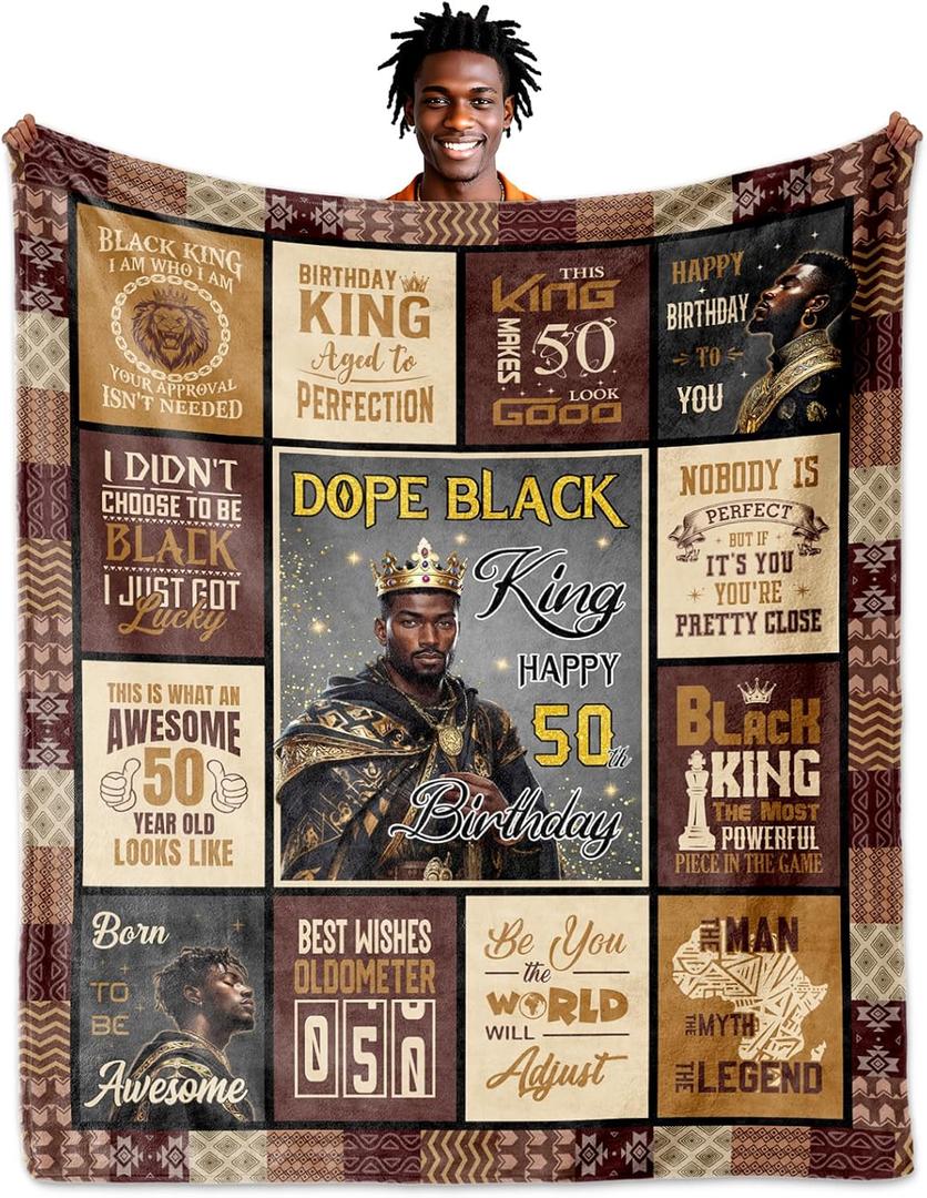 African American 50th Birthday Gifts for Men, 50 Year Old Birthday Gifts for Men Throw Blanket 60"x50", 50th Birthdays Decorations for Man, Unique 50 Year Old Gift Ideas