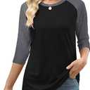 Heymiss Womens Tops 3/4 Sleeve Shirts Round Neck Loose Casual Tshirts Color Block Summer Tees (Black, S)