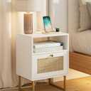 Rattan Nightstand with Charging Station, Boho Night Stand Farmhouse Wood Bedside Table with Storage and Open Shelf, End Side Accent Table for Bedroom,Living Room,White (Normal)