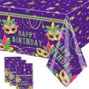 MEHOFOND 3PCS Mardi Gras Plastic Tablecloths, 108x54inch Masquerade Happy Birthday Disposable Table Cover, Fat Tuseday Carnival Party Decorations, Purple Green Gold Mask Bday Table Cloth Supplies