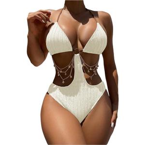 OYOANGLE Women's Ring Linked Cut Out One Piece Swimsuits Textured Tie Backless Halter Bathing Suit Monokini, Size M Beige