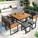 Merax 9 Pieces Outdoor Dining Set for 8 People, Acacia Wood Patio Furniture Sets with 1 Square Table, 4 Cushioned Chairs and 4 Ottomans for Backyard, Garden, Lawn, Poolside, Space Saving Design, Gray (Grey)