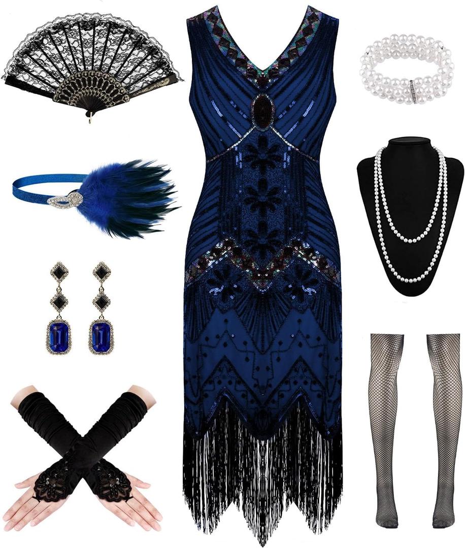 1920s Dresses for Women, Flapper Dress Lace Fan Feather Headband Sequins Beads Fringes 20s Accessories Vintage Mafia Costume (3X-Large, Blackblue)