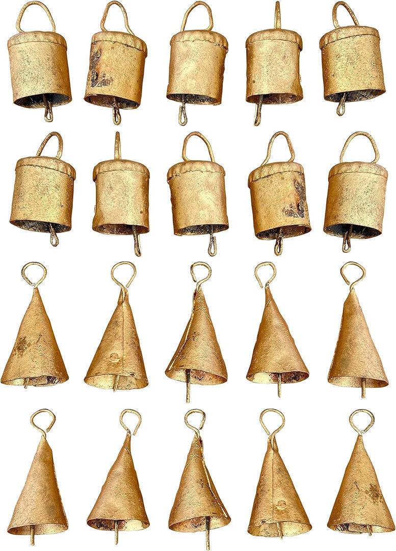 Gold Cow Bells 20 Small Bells Rustic Metal Hanging Bells for Crafts, Vintage Jingle Bells for Crafting, Christmas Bells Decorations, Farmhouse Wreaths, Witch Bells, Holiday Garland, DIY