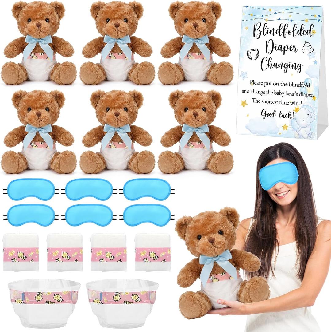 Simgoing 19 Piece Bear Themed Baby Shower Diaper Changing Game Supplies Include 12 inch Bear Dolls Blindfold Diapers Games Prizes for Adult Gender Reveal Raffle Party (Fashion,Blue)