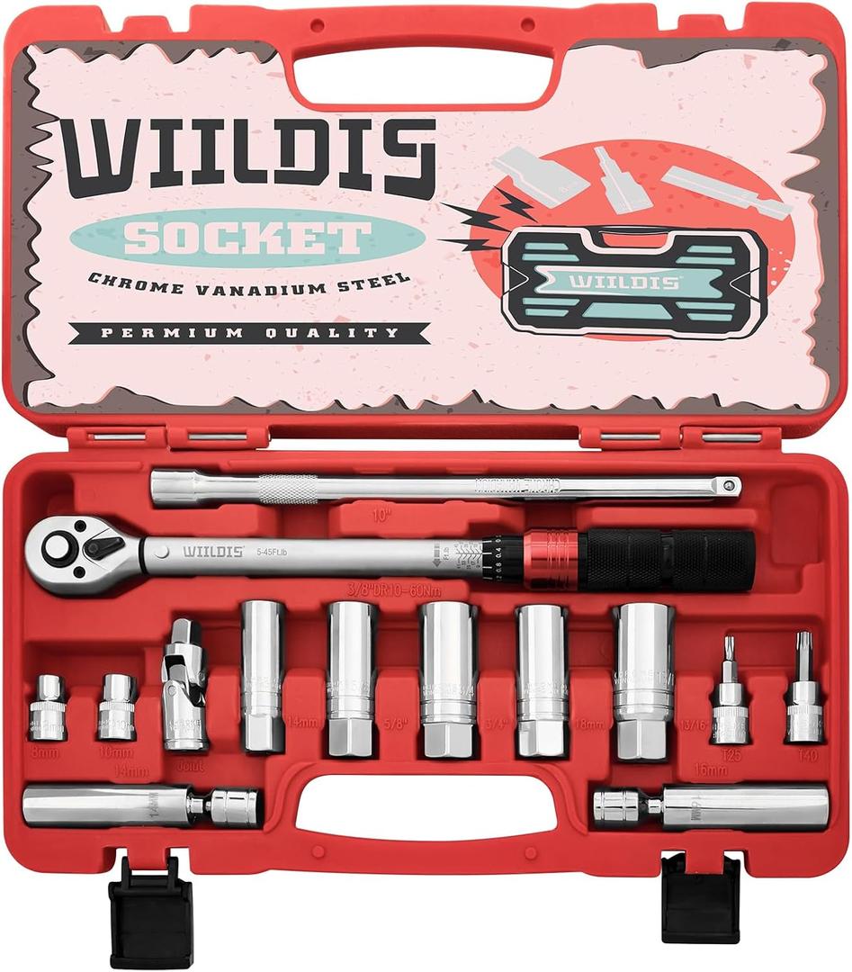 WIILDIS 14 PCS 3/8 Inch Drive Spark Plug Socket Set with Click Torque Wrench5-45 Lb.ft/6.8-61.2 Nm, Magnetic Swivel Sockets, Universal Joint, Extension Bar, Cr-V Steel