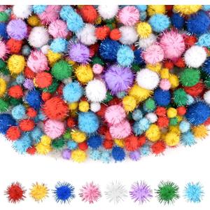 NACHLYNN 1000 Glitter Pom Poms Bulk 4 Sizes Assorted Soft Fluffy Pom Poms for Crafts DlY Decorations Activities with A Storage Bag (Multicolor)