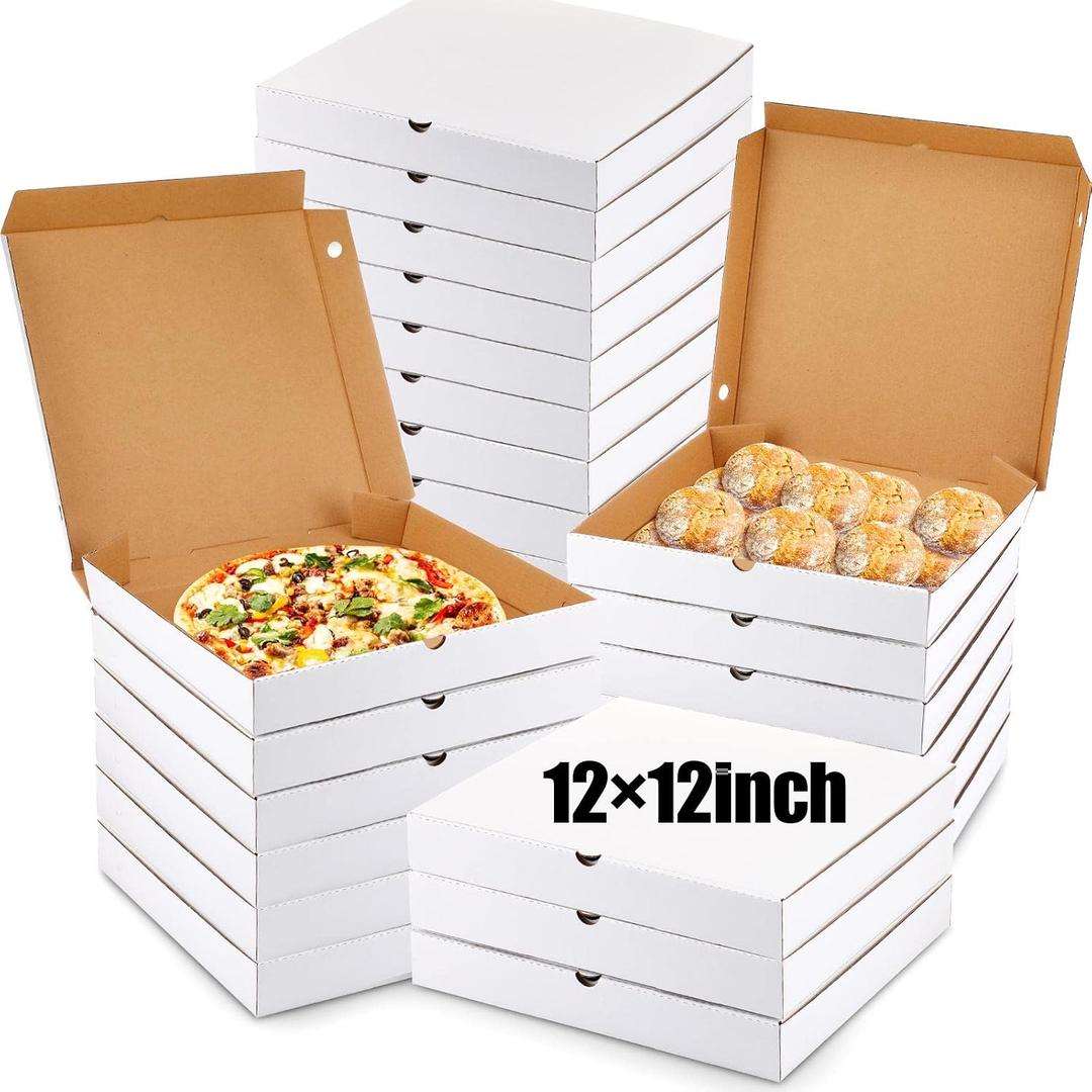 PerKoop 100 Pcs 12" x 12" Pizza Boxes Bulk 12inch Empty Cardboard Pizza Box Reusable Square Food Serving Container for Takeout Bakery Restaurant Party Supplies(White and Kraft)