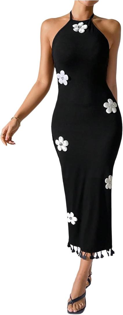 SOLY HUX Women's Sleeveless 3D Floral Bodycon Halter Long Dress Fringe Trim Sleeveless Vacation Party Dresses (Black, M)