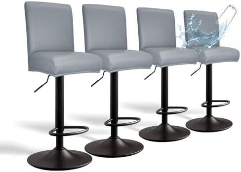 PU Leather Bar Stool Covers with Backs, 4 Pack Stretch Waterproof Bar Stool Chair Covers Washable & Comfortable Barstool Covers Slipcovers with Back for Pub/Counter/Dining Room Decoration (Grey)