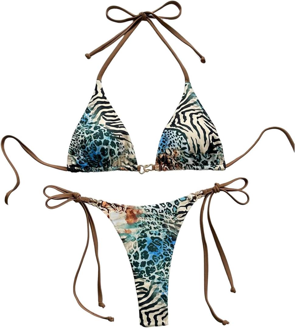WDIRARA Women's Leopard Print Swimsuit Triangle Halter String Bikini Set 2 Piece Bathing Suit, Small