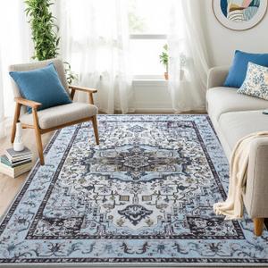 Washable Area Rugs 5x7, Low Pile Soft Vitnage Distressed Rug for Bedroom, Living Room, Dining Room, Non-Slip, Low Pile, Blue
