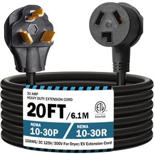 20FT 3 Prong Dryer 30A 10-30P to 10-30R / EV Extension Cord Level 2 EV Charging 125V/250V STW 10 Gauge Heavy Duty Extension Cord Black