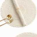 Floroom 15 Inch Round Braided Placemats Set of 4, Washable Heat Resistant Cotton Polyester Circle Boho Place Mats for Kitchen Dining Table - Canvas Beige Bordered