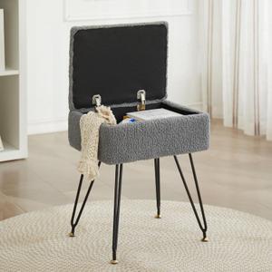 Vanity Stool Chair, Faux Teddy Fur Ottoman Foot Stool with Metal Legs & Adjustable Black Feet, Flip Top Storage Makeup Stool with Soft Padded Seat, Foot Rest for Makeup Room Bedroom, Gray (Grey)