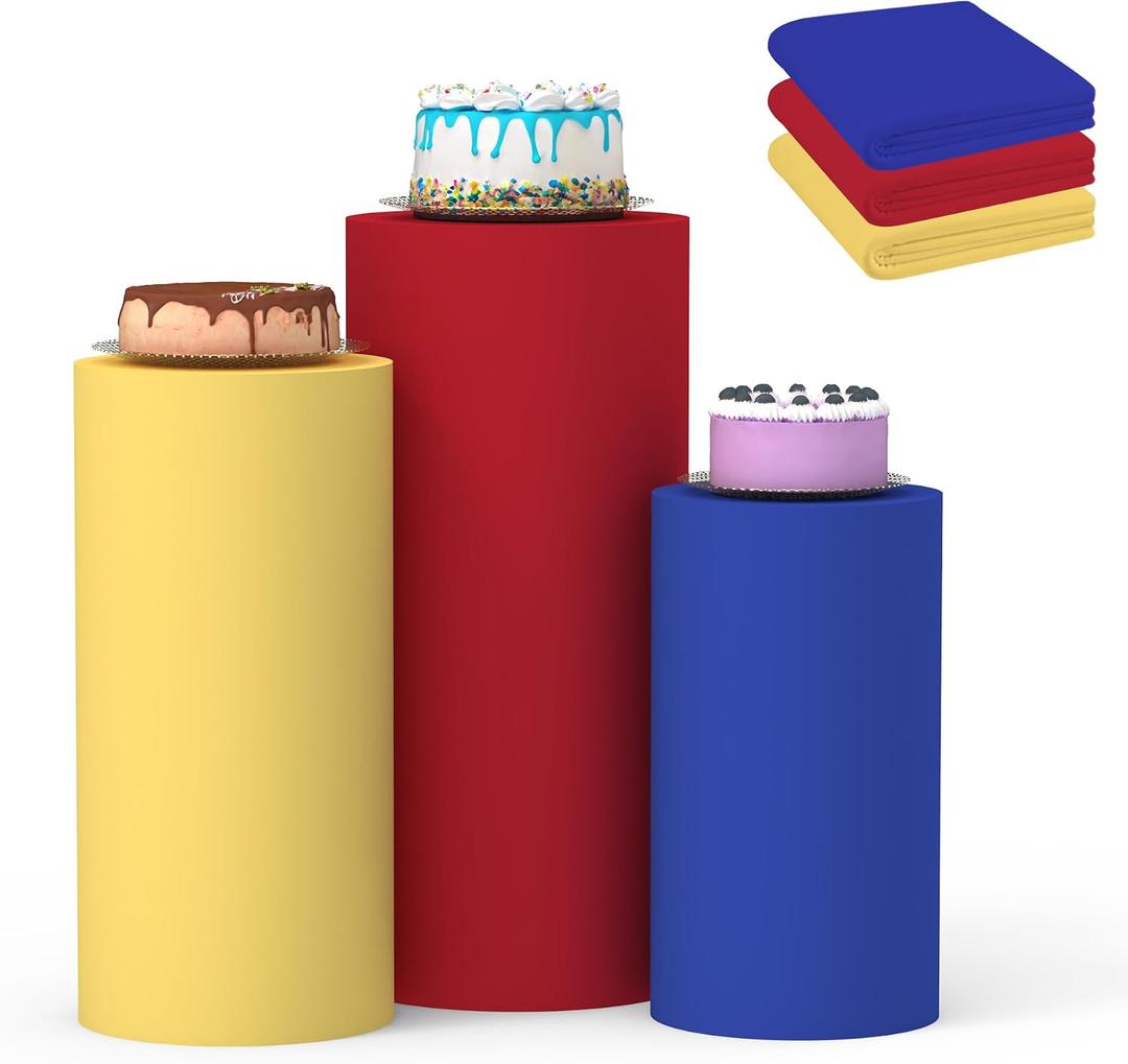Cylinder Covers Set of 3, Cylinder Stand Covers for Parties,Round Pedestal Stand Covers for Cylinder Stands for Wedding Party Birthday Display(Cylinder Stands Not Included) (Blue Yellow Red, L+XL+XXL)