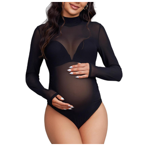 Bhome Mock Neck Maternity Bodysuit for Photoshoot Sheer Mesh Maternity Photography Outfits XL
