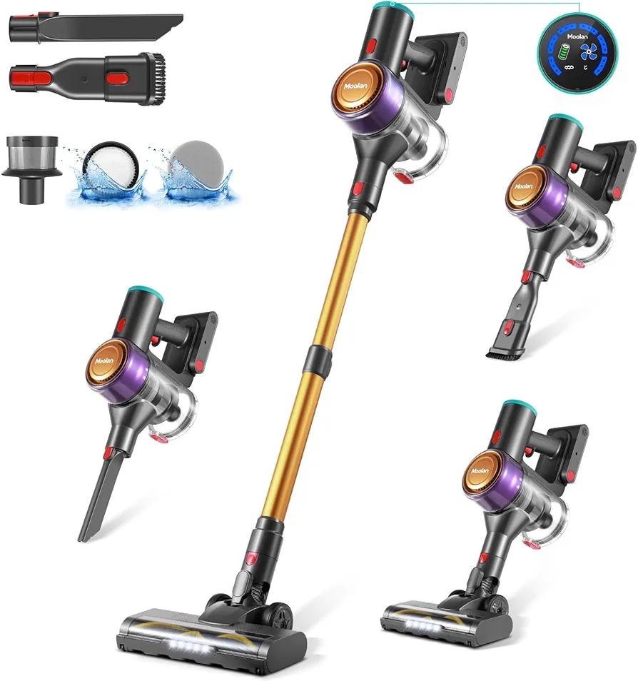 MOOLAN 28KPA Cordless Vacuum Cleaner, 6 in 1 Lightweight Stick Vacuum, 6 Level of Adjustable Suction, Detachable Battery for Max 45mins Runtime, Handheld Vacuum for Pet Hair/Carpet/Floor