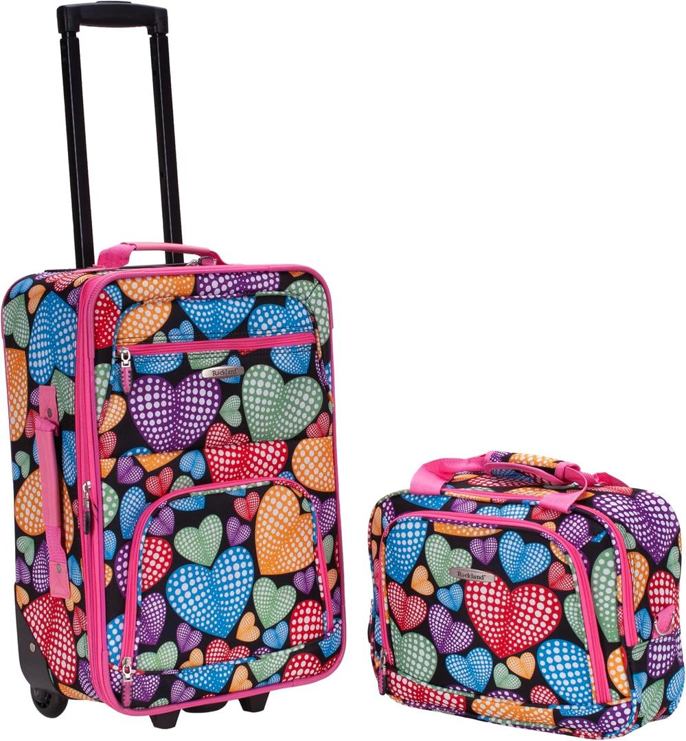 Rockland Fashion Softside 2 Piece Luggage Set, Expandable, (14" Tote/19" Upright), New Heart 