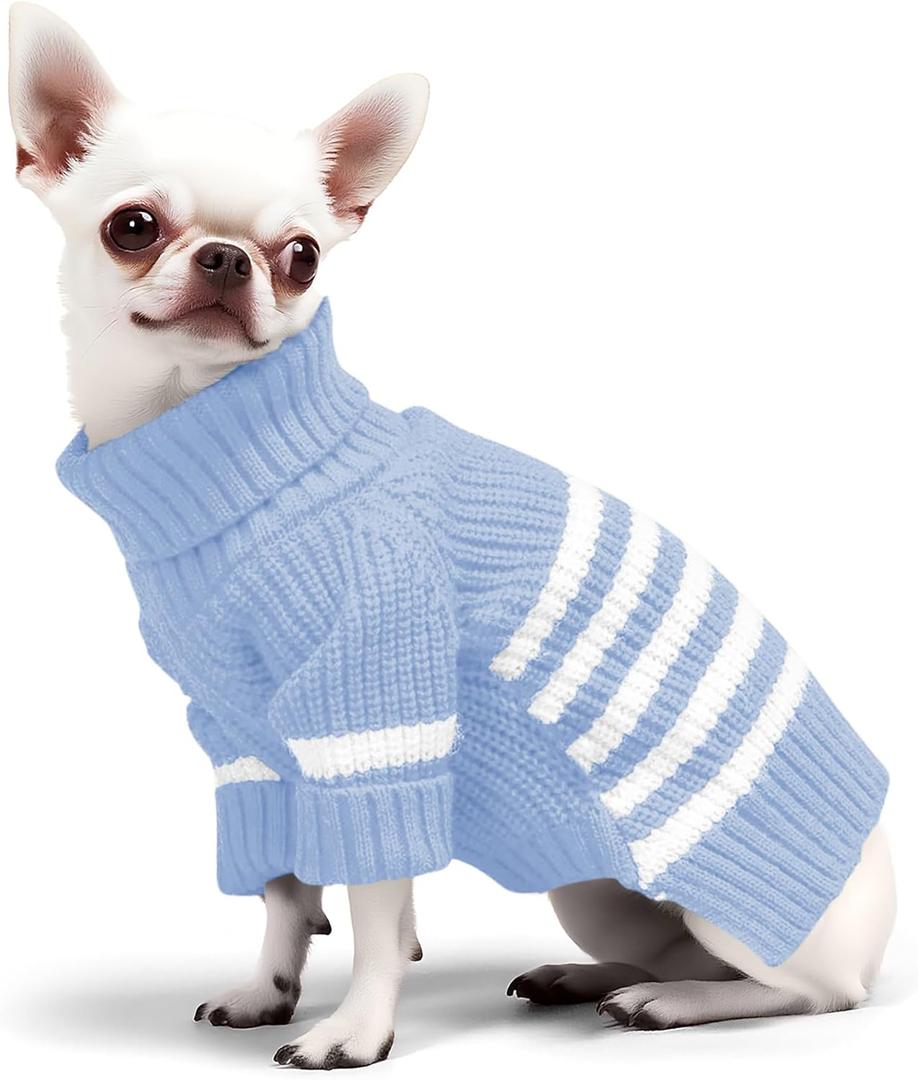 Haloumoning Small Dog Pullover Sweater, Striped Knitted Pet Sweaters for Fall Winter Dog Clothes, Turtleneck Thick Warm Clothes for Small Medium Large Dogs (Blue)