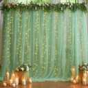 1010ft Green Tulle Backdrop Curtain with Lights String for Parties, Sheer Photo Curtain Backdrop Drapes for Wedding Party Photography Backgrounds