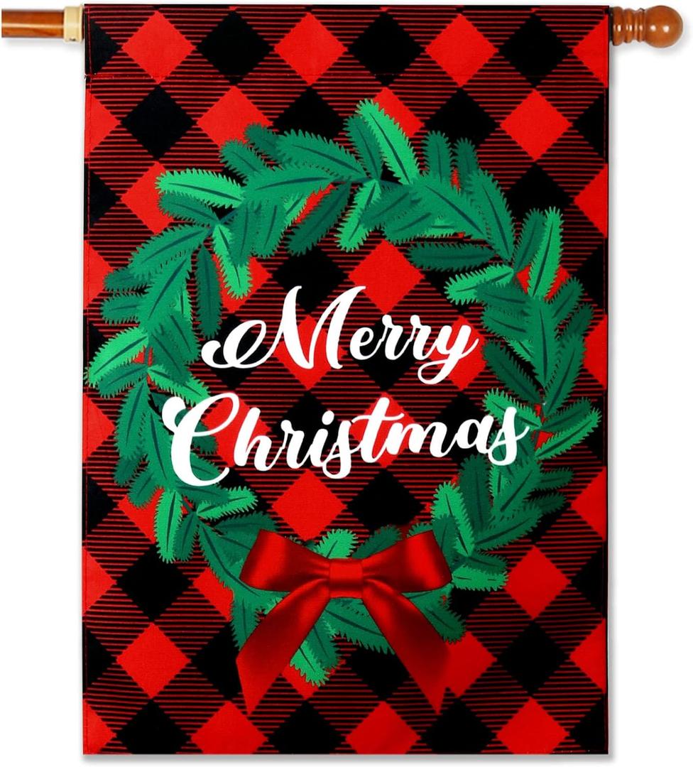 Merry Christmas House Flags for Outdoors 28 x 40 Double Sided - Large Christmas Flags for Outside, Wreath Plaid Holiday Flags Decorative House Flag Decorations