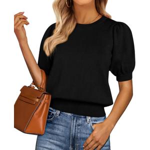 PRETTYGARDEN Women's Sweaters Spring 2026 Summer Puff Short Sleeve Sweater Trendy Cute Knit Work Blouses Business Casual Tops (Black, L)