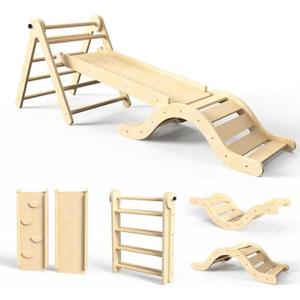 doowroodni Pikler Triangle Set 7in1 Toddler Climbing Toys Indoor Foldable Baby Climbing Toys Wooden Montessori Climbing Set with Arch, Ramp, Ladder for 1-3 Years, Jungle Gym for Kids (Natural), Medium, Small