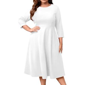Runwind Women's Plus Size Midi Dress Classy High Waist Wedding Guest Dress Casual Crew Neck 3/4 Sleeve A-Line Swing Dresses. Size XL